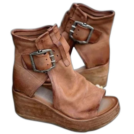 Comfortable Leather Ankle Boots for Women with Cutout Platform Wedge Buckle Casual Style