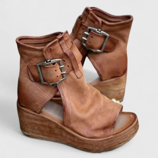 Comfortable Leather Ankle Boots for Women with Cutout Platform Wedge Buckle Casual Style