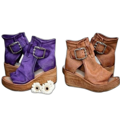 Comfortable Leather Ankle Boots for Women with Cutout Platform Wedge Buckle Casual Style