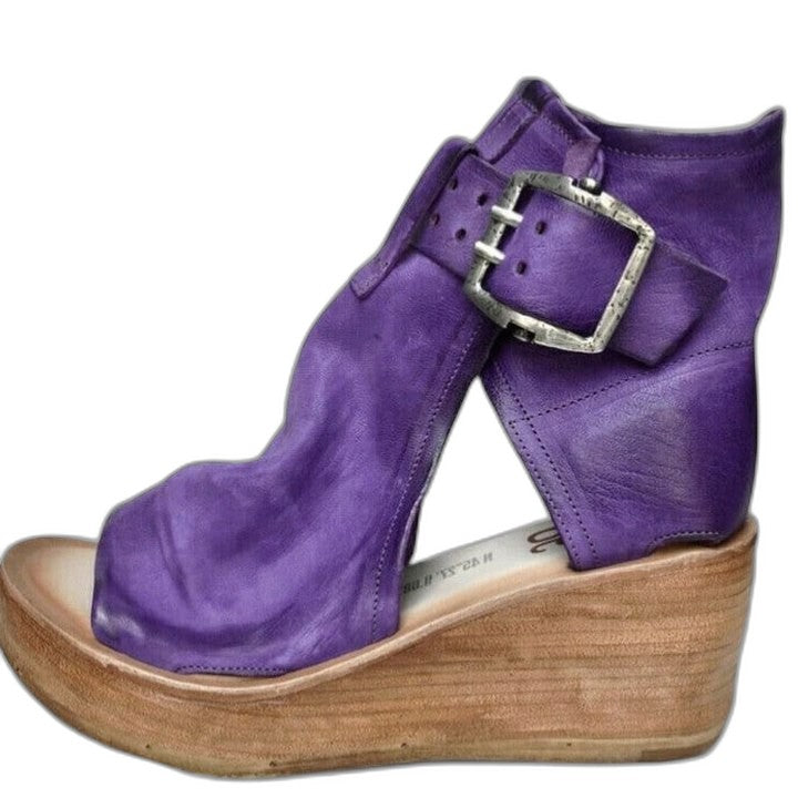 Comfortable Leather Ankle Boots for Women with Cutout Platform Wedge Buckle Casual Style