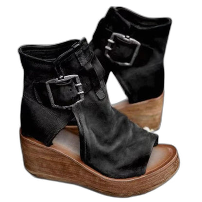 Comfortable Leather Ankle Boots for Women with Cutout Platform Wedge Buckle Casual Style