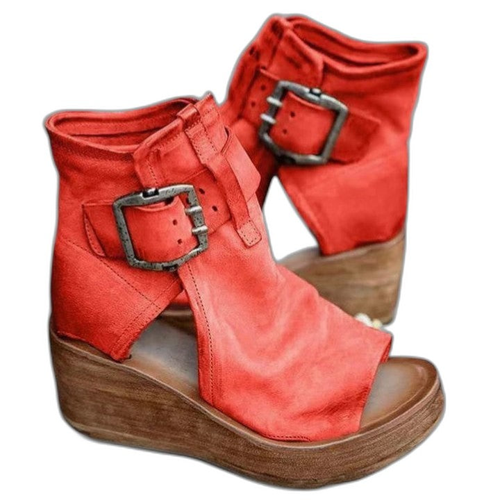Comfortable Leather Ankle Boots for Women with Cutout Platform Wedge Buckle Casual Style