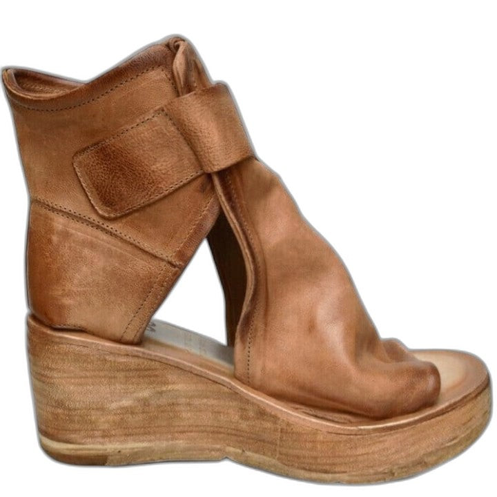 Comfortable Leather Ankle Boots for Women with Cutout Platform Wedge Buckle Casual Style