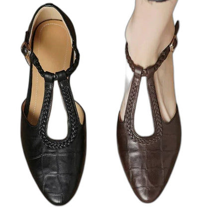 Comfortable Leather Flats for Women with Ankle Strap Pointed Toe Casual Style