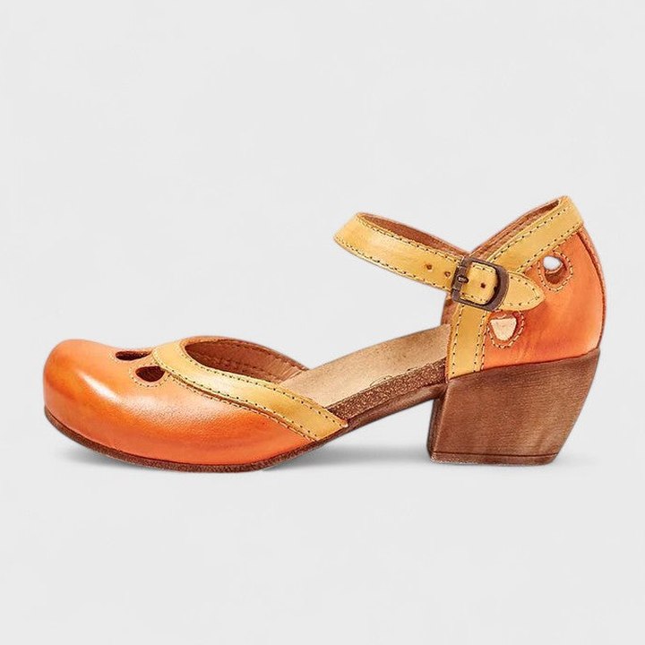 Comfortable Leather Heels for Women with Cutout Block Heel Ankle Strap Closed Toe Casual Style