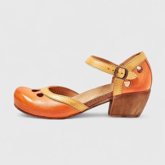Comfortable Leather Heels for Women with Cutout Block Heel Ankle Strap Closed Toe Casual Style