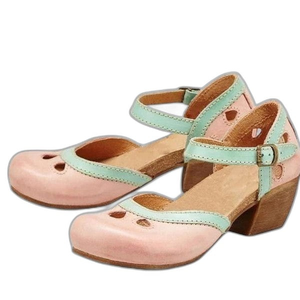 Comfortable Leather Heels for Women with Cutout Block Heel Ankle Strap Closed Toe Casual Style
