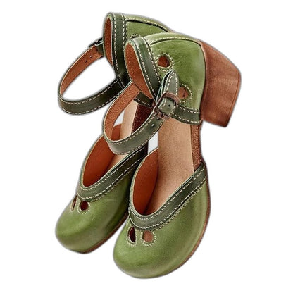Comfortable Leather Heels for Women with Cutout Block Heel Ankle Strap Closed Toe Casual Style