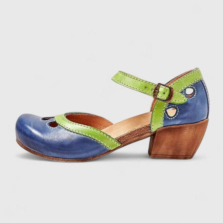Comfortable Leather Heels for Women with Cutout Block Heel Ankle Strap Closed Toe Casual Style