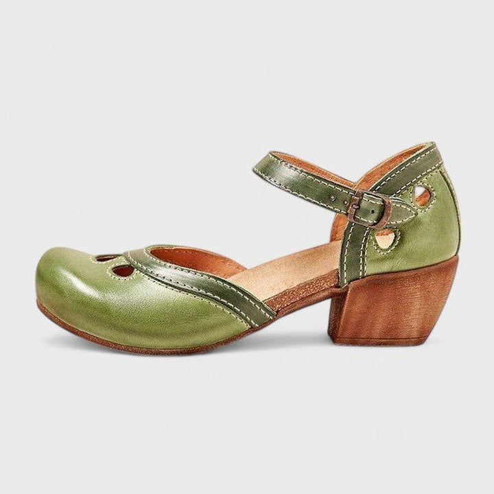 Comfortable Leather Heels for Women with Cutout Block Heel Ankle Strap Closed Toe Casual Style