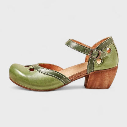 Comfortable Leather Heels for Women with Cutout Block Heel Ankle Strap Closed Toe Casual Style