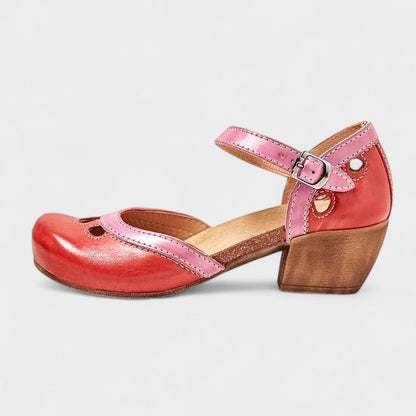 Comfortable Leather Heels for Women with Cutout Block Heel Ankle Strap Closed Toe Casual Style