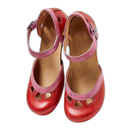 Comfortable Leather Heels for Women with Cutout Block Heel Ankle Strap Closed Toe Casual Style