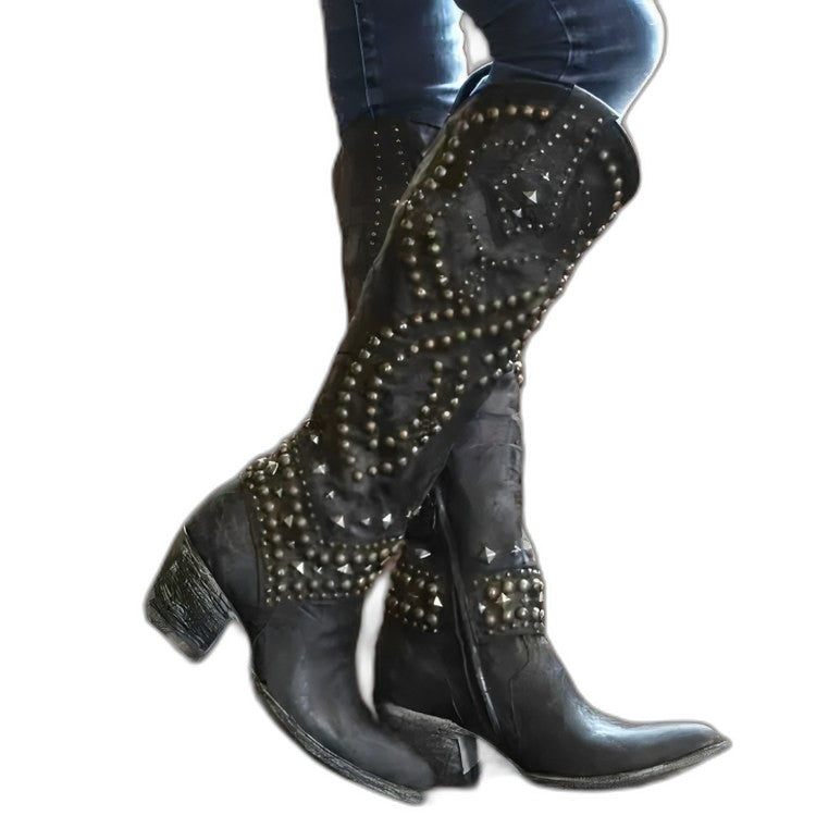 Comfortable Leather Knee High Boots for Women with Block Heel Closed Toe Studded Casual Style