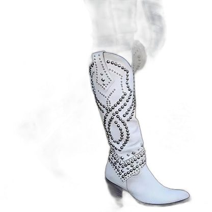 Comfortable Leather Knee High Boots for Women with Block Heel Closed Toe Studded Casual Style