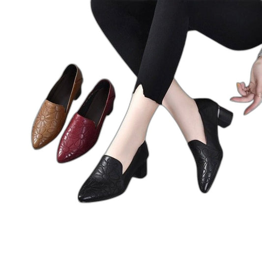 Comfortable Leather Loafers for Women with Block Heel Pointed Toe Casual Style