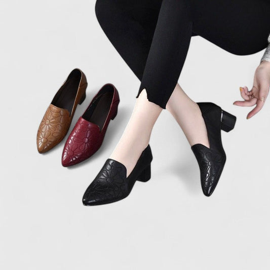 Comfortable Leather Loafers for Women with Block Heel Pointed Toe Casual Style