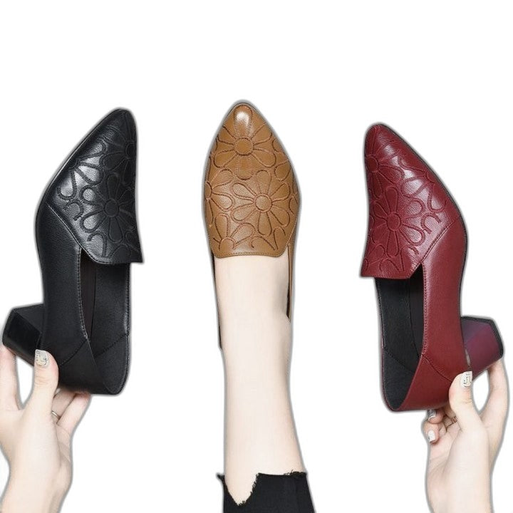 Comfortable Leather Loafers for Women with Block Heel Pointed Toe Casual Style