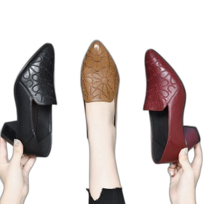 Comfortable Leather Loafers for Women with Block Heel Pointed Toe Casual Style