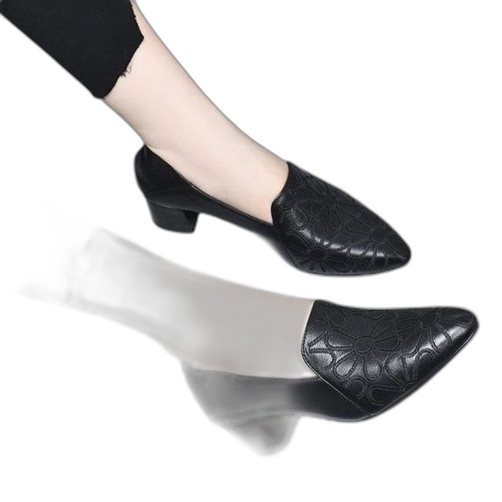 Comfortable Leather Loafers for Women with Block Heel Pointed Toe Casual Style