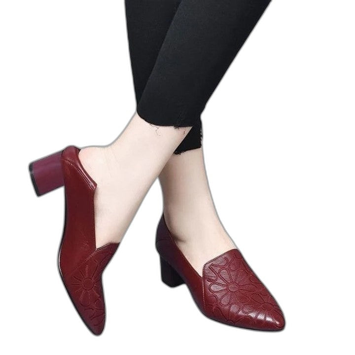 Comfortable Leather Loafers for Women with Block Heel Pointed Toe Casual Style