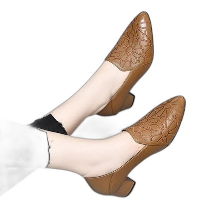 Comfortable Leather Loafers for Women with Block Heel Pointed Toe Casual Style