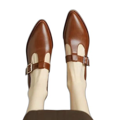 Comfortable Leather Mary Jane Shoes for Women with Block Heel Closed Toe Buckle Casual Style