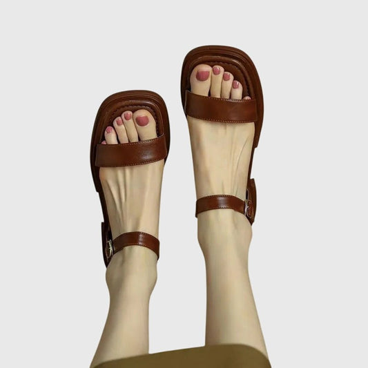 Comfortable Leather Sandals for Women with Ankle Strap Open Toe Buckle Casual Style