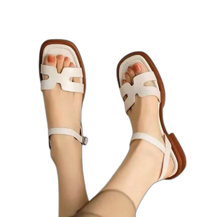 Comfortable Leather Sandals for Women with Ankle Strap Open Toe Buckle Casual Style