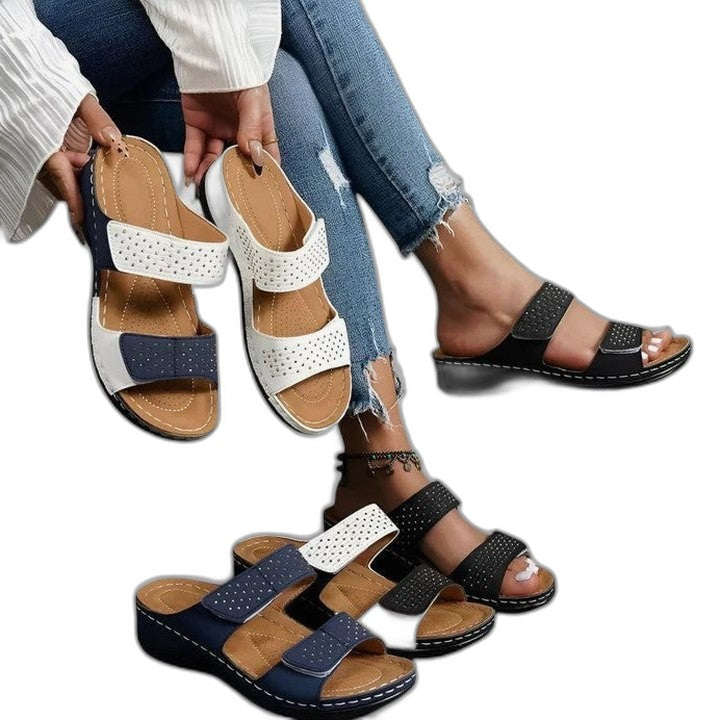 Comfortable Leather Sandals for Women with Block Heel Open Toe Casual Style