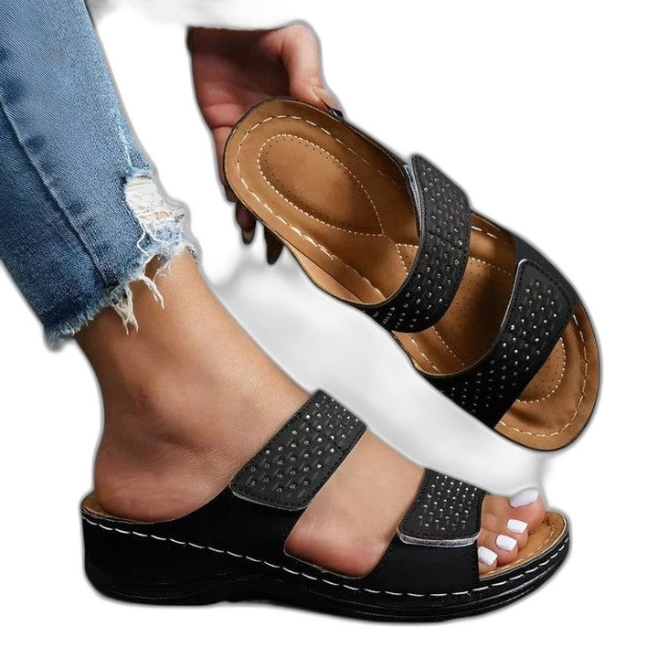Comfortable Leather Sandals for Women with Block Heel Open Toe Casual Style