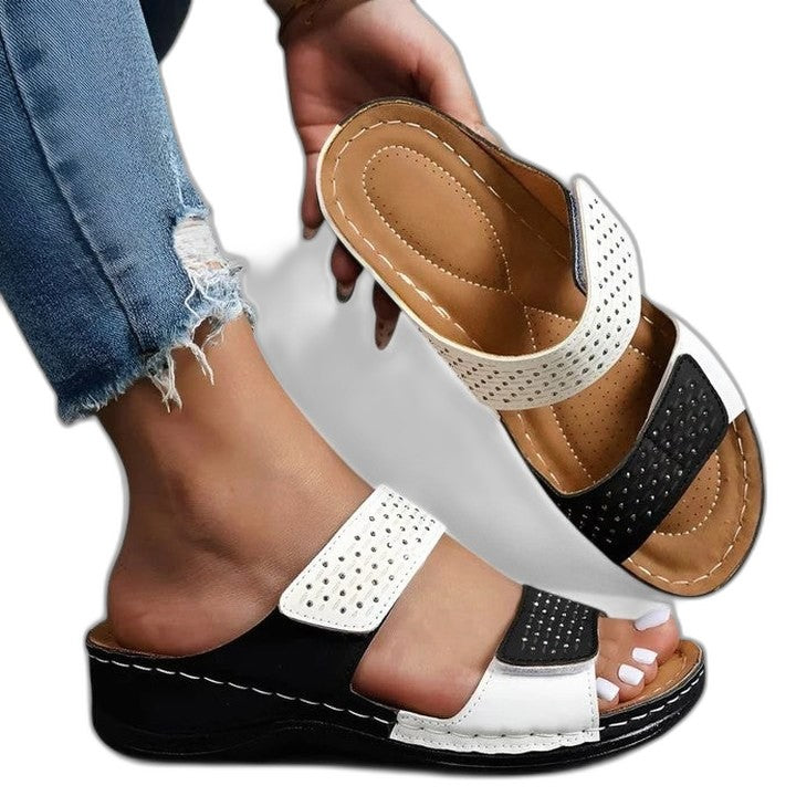 Comfortable Leather Sandals for Women with Block Heel Open Toe Casual Style