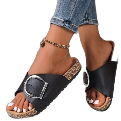 Comfortable Leather Sandals for Women with Open Toe Buckle Casual Style