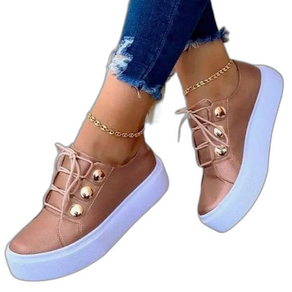 Comfortable Leather Sneakers for Women with Platform Round Toe Lace Up Casual Style
