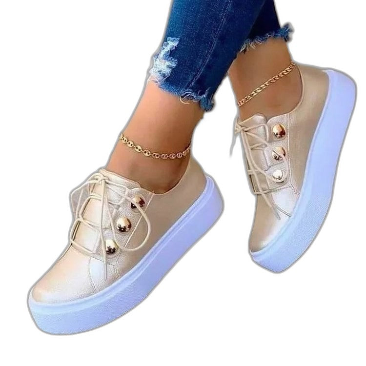 Comfortable Leather Sneakers for Women with Platform Round Toe Lace Up Casual Style