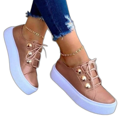 Comfortable Leather Sneakers for Women with Platform Round Toe Lace Up Casual Style