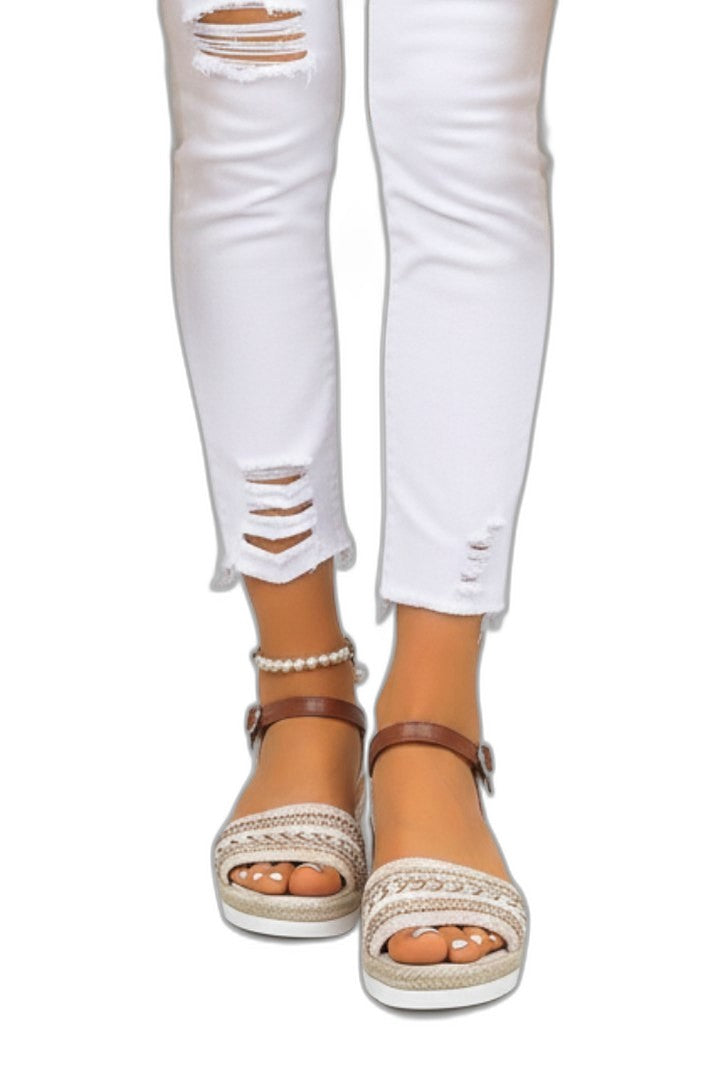 Comfortable Leather Wedge Sandals for Women with Ankle Strap Open Toe Strappy Buckle Casual Style