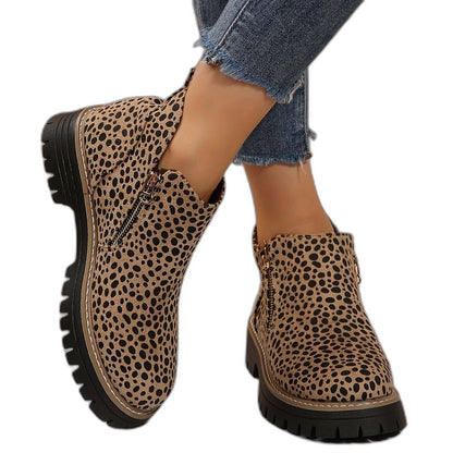 Comfortable Leopard Ankle Boots for Women with Block Heel Closed Toe Casual Style