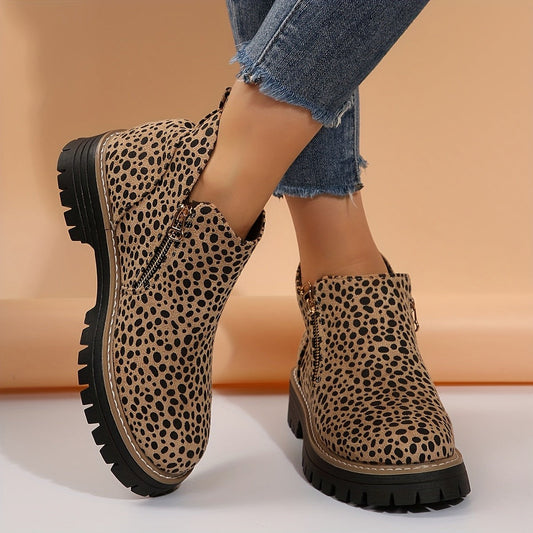 Comfortable Leopard Ankle Boots for Women with Block Heel Closed Toe Casual Style