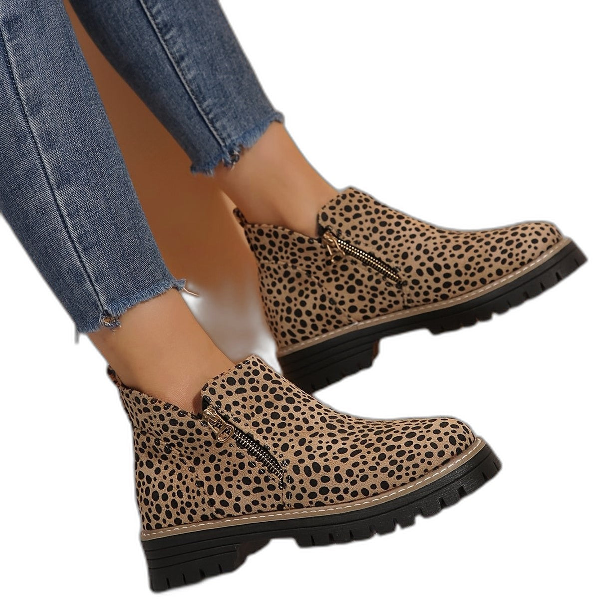 Comfortable Leopard Ankle Boots for Women with Block Heel Closed Toe Casual Style