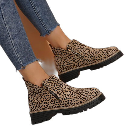 Comfortable Leopard Ankle Boots for Women with Block Heel Closed Toe Casual Style