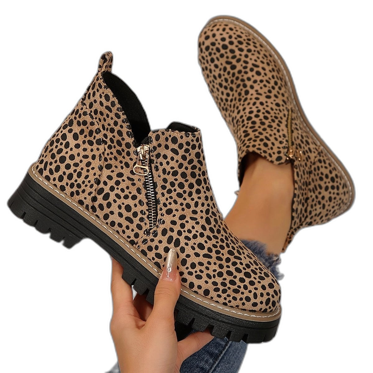 Comfortable Leopard Ankle Boots for Women with Block Heel Closed Toe Casual Style