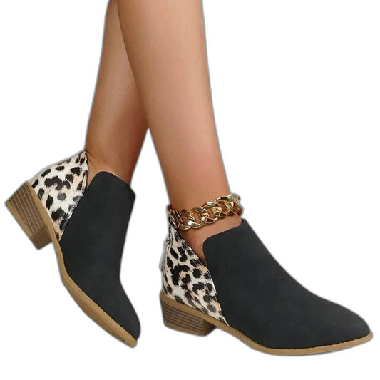 Comfortable Leopard Ankle Boots for Women with Block Heel Pointed Toe Casual Style