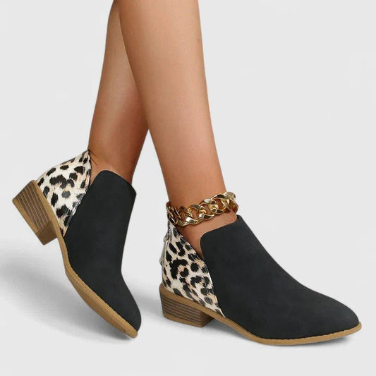 Comfortable Leopard Ankle Boots for Women with Block Heel Pointed Toe Casual Style