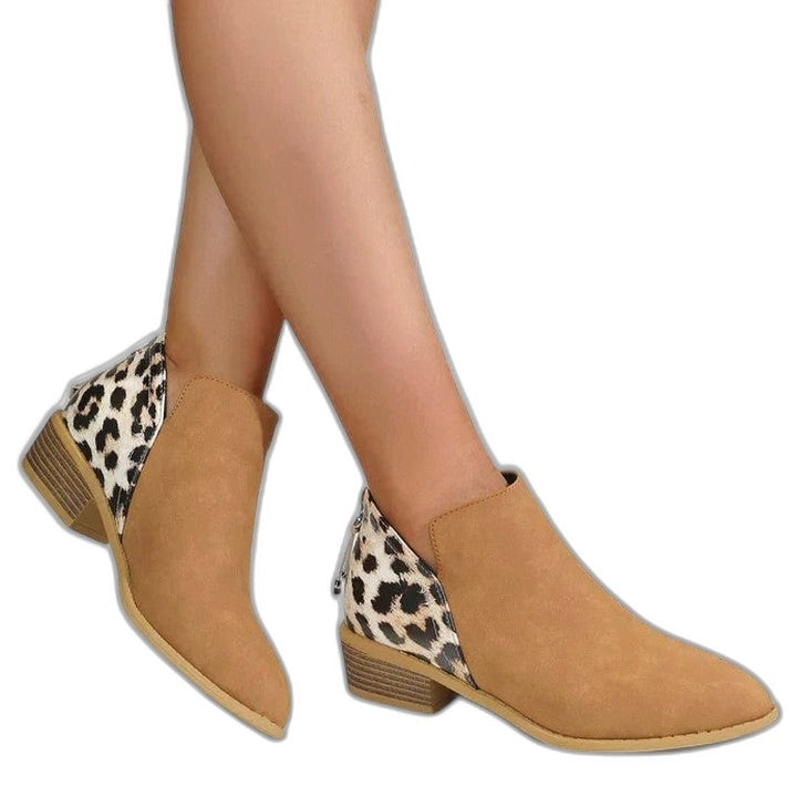 Comfortable Leopard Ankle Boots for Women with Block Heel Pointed Toe Casual Style