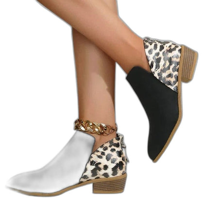 Comfortable Leopard Ankle Boots for Women with Block Heel Pointed Toe Casual Style