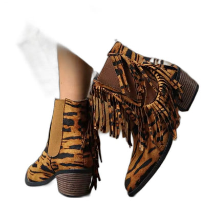 Comfortable Leopard Ankle Boots for Women with Fringe Block Heel Closed Toe Casual Style