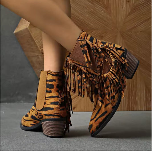 Comfortable Leopard Ankle Boots for Women with Fringe Block Heel Closed Toe Casual Style