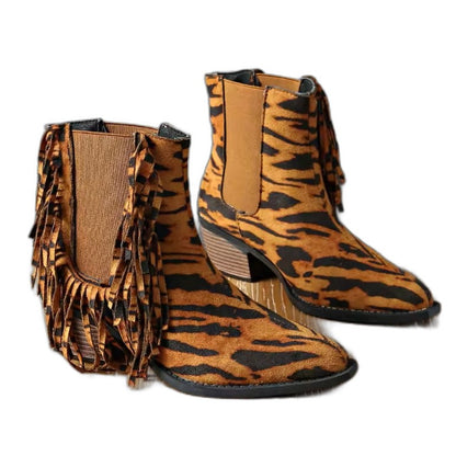 Comfortable Leopard Ankle Boots for Women with Fringe Block Heel Closed Toe Casual Style