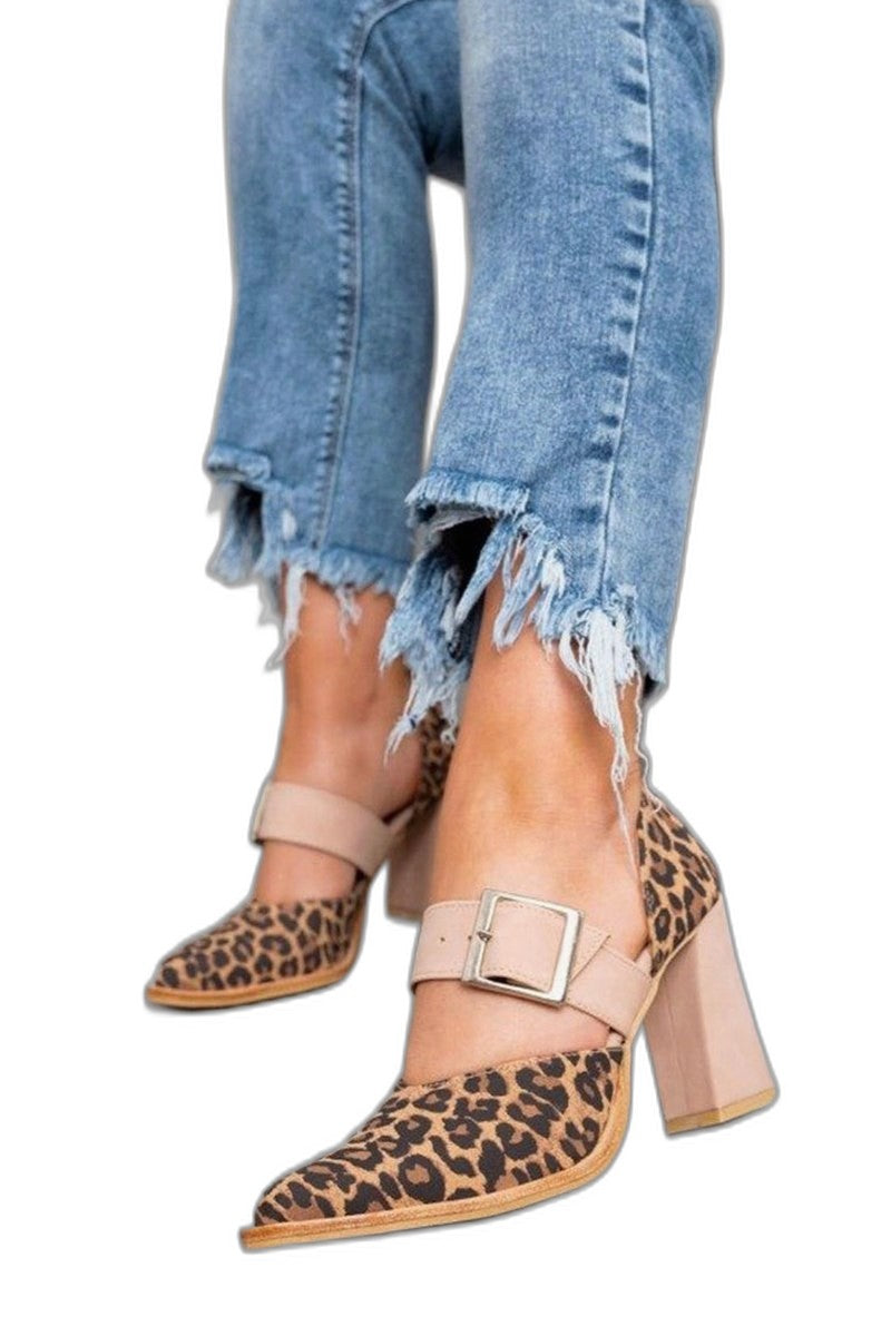 Comfortable Leopard Heels for Women with Block Heel Ankle Strap Pointed Toe Buckle Party Style